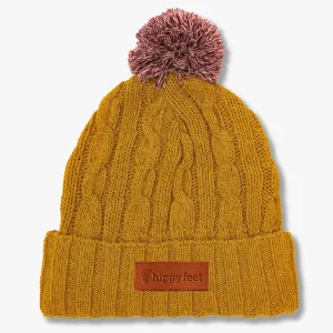 Cable Knit Pom Beanie - Mustard