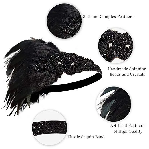 Great Gatsby 1920's Flapper Feather Headdress Fancy Dress - Black (Style 7)