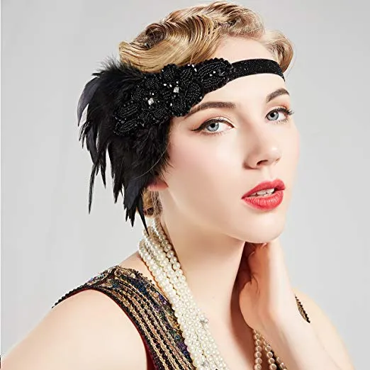 Great Gatsby 1920's Flapper Feather Headdress Fancy Dress - Black (Style 7)