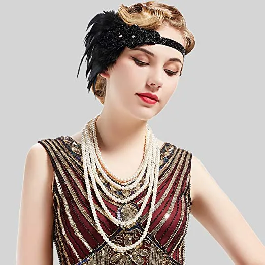 Great Gatsby 1920's Flapper Feather Headdress Fancy Dress - Black (Style 7)