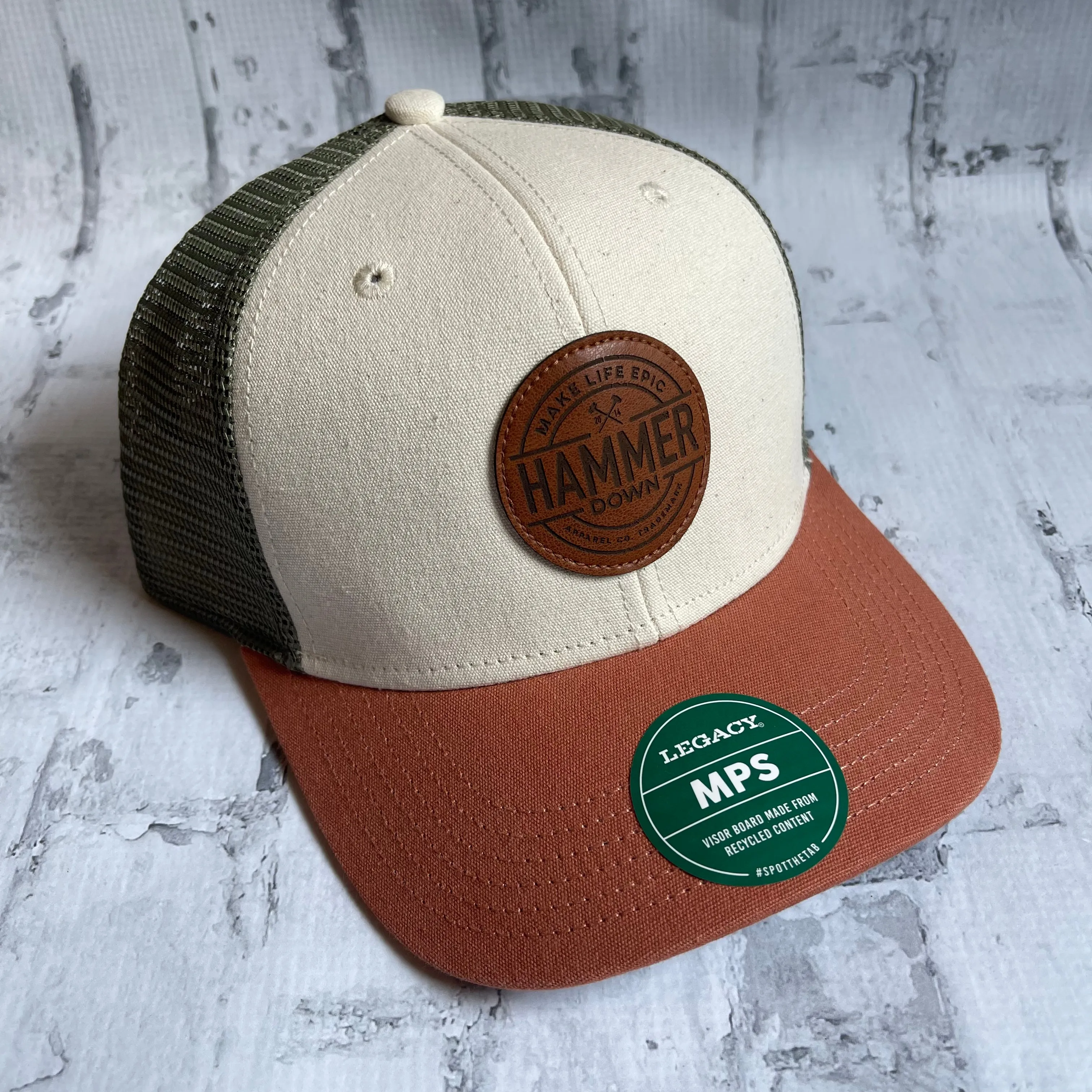 Hammer Down "MLE Badge" Hat - White and Rust Coral with Leather Patch