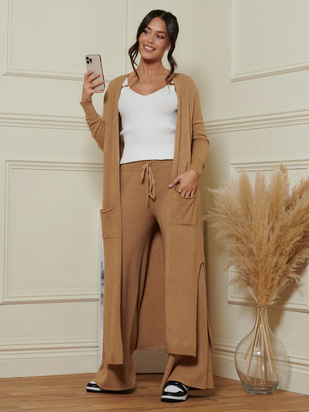 Made in Italy Wide Leg Soft Knit Trousers, Camel