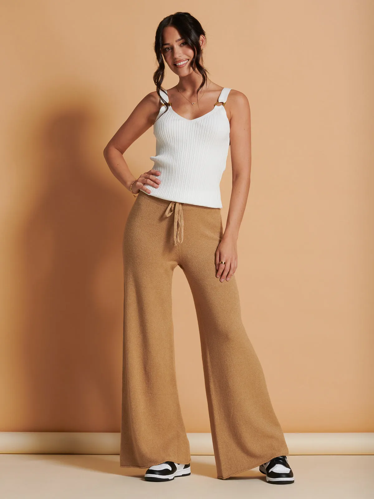 Made in Italy Wide Leg Soft Knit Trousers, Camel