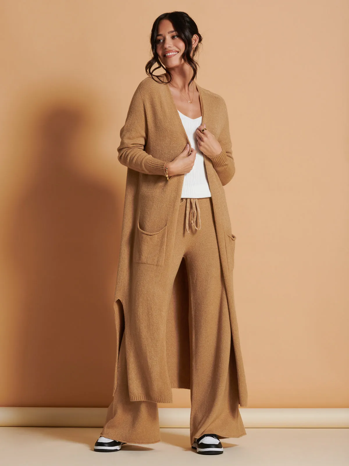 Made in Italy Wide Leg Soft Knit Trousers, Camel