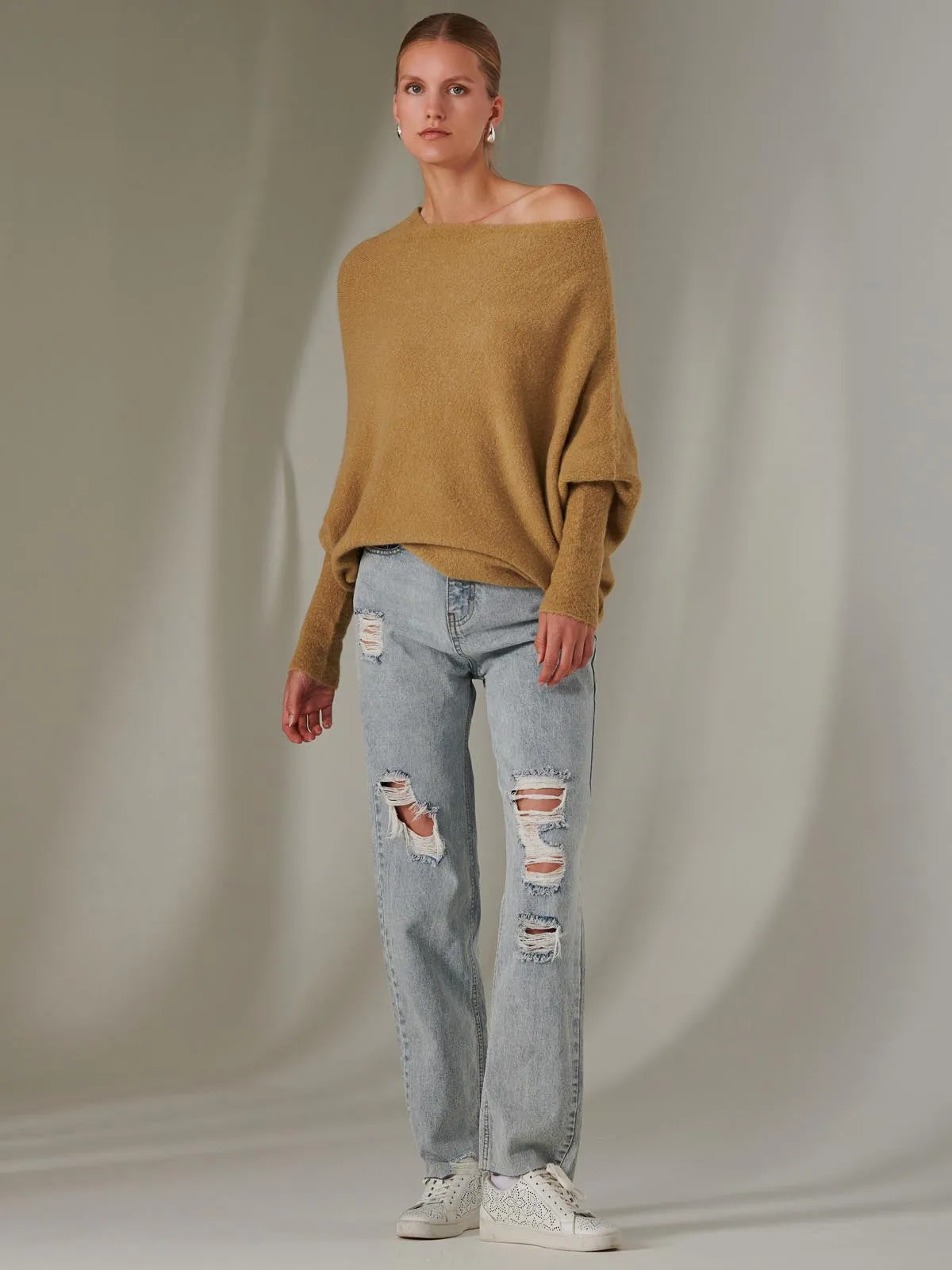 Made in Italy Wool Blend Asymmetric Knit Jumper, Almond