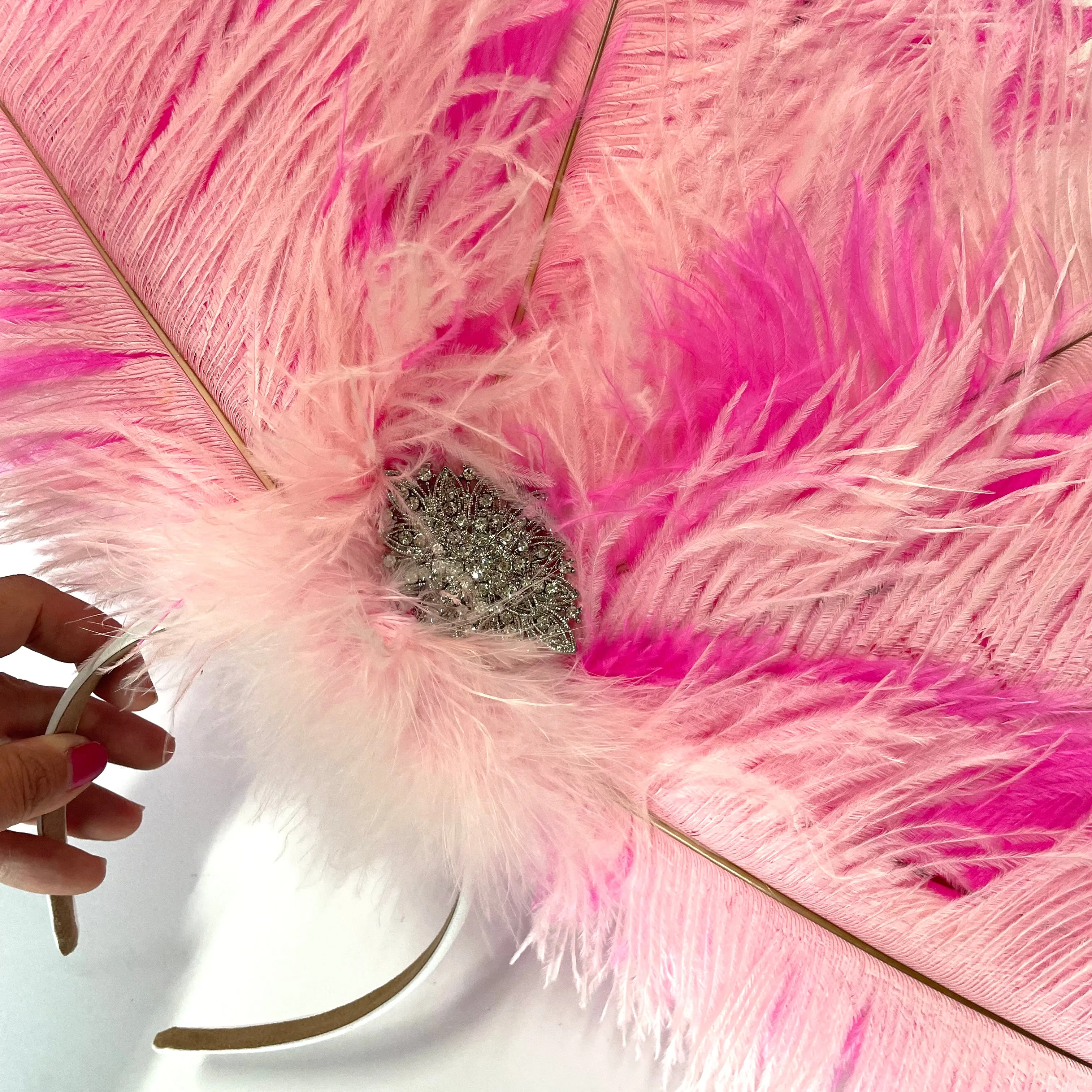 Ostrich Feather Drab Carnival Showgirl Costume Headdress - Pink Flamingo