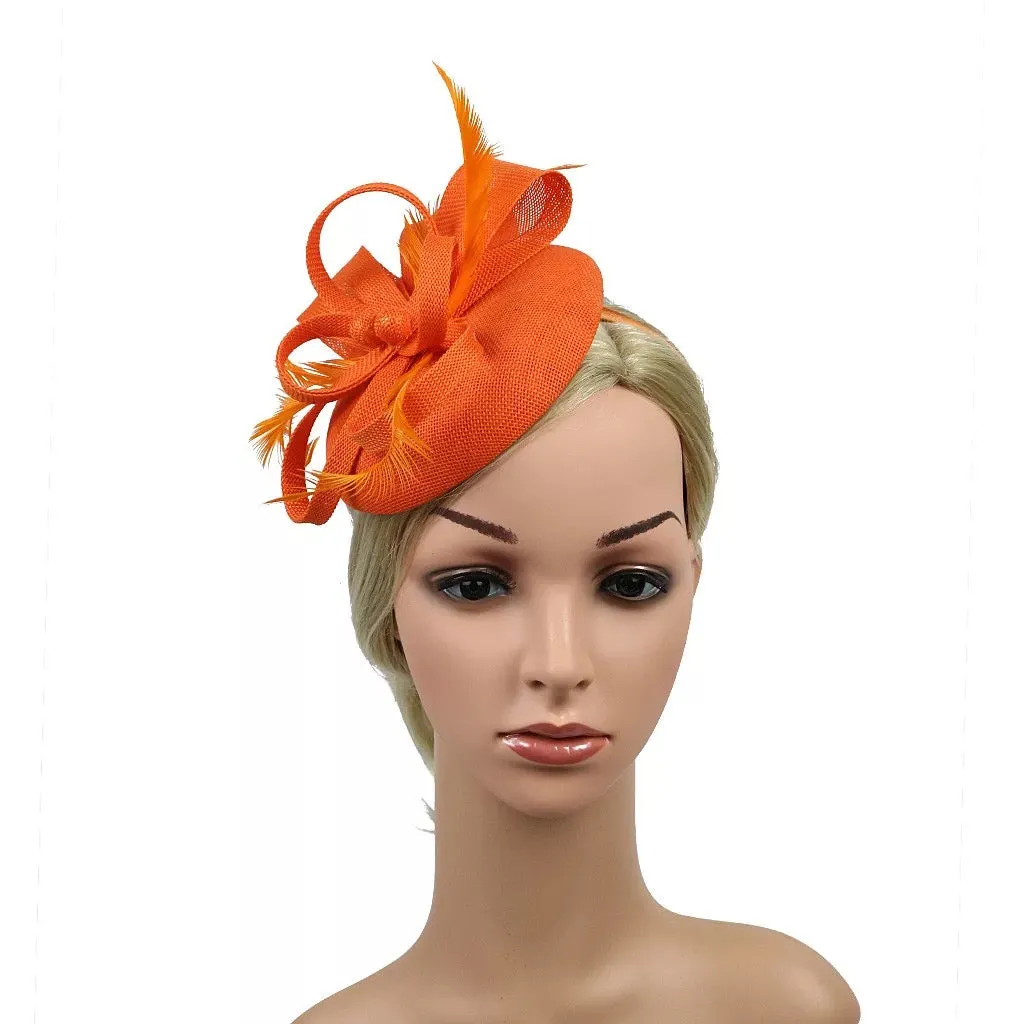 Round Button Feather Headband Fascinator - Orange