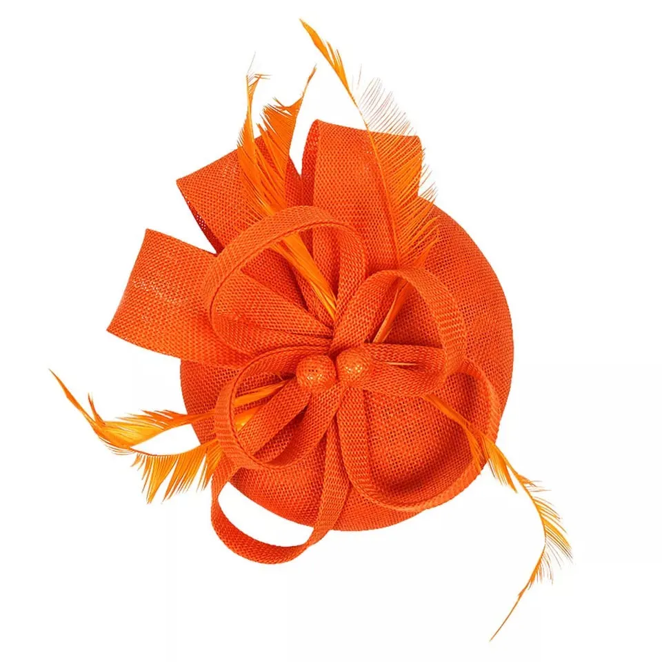Round Button Feather Headband Fascinator - Orange