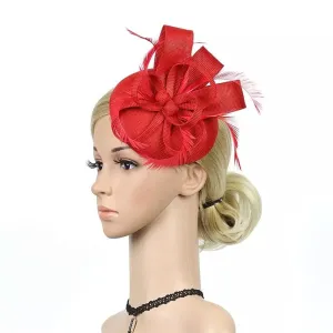 Round Button Feather Headband Fascinator - Red