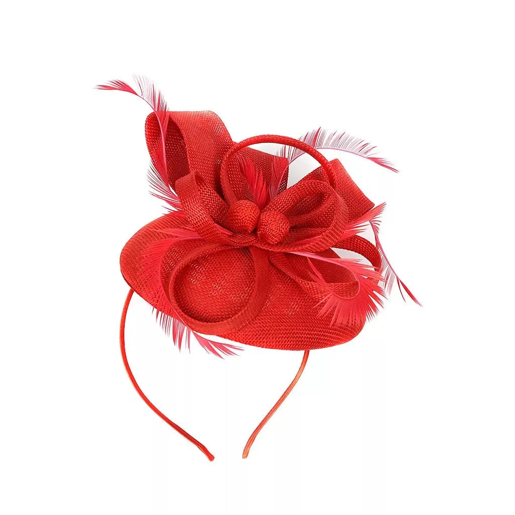 Round Button Feather Headband Fascinator - Red