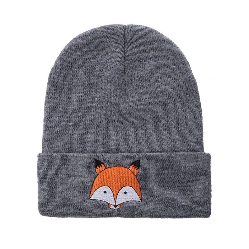 Unisex Kids Warm Winter Embroidered Fox Design Knitted Hats