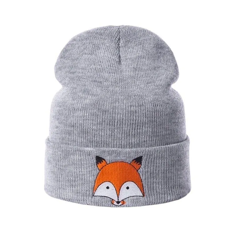 Unisex Kids Warm Winter Embroidered Fox Design Knitted Hats
