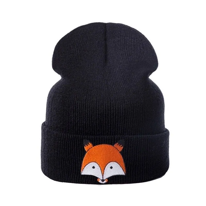 Unisex Kids Warm Winter Embroidered Fox Design Knitted Hats